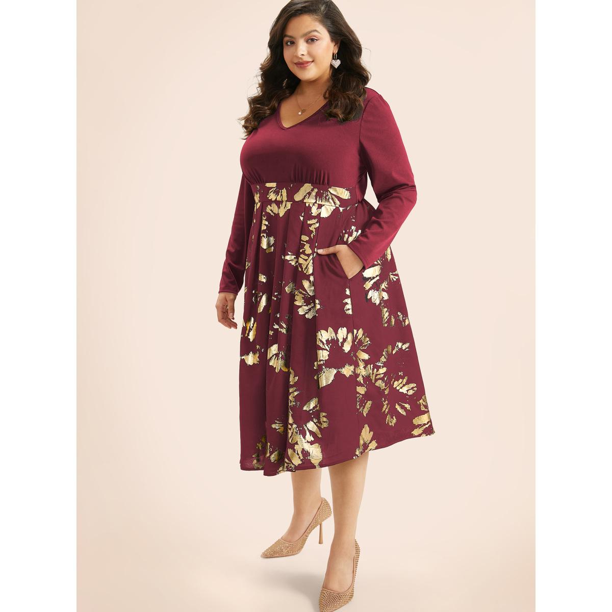 Plus Size Brush Glitter Pocket Patchwork Dress Burgundy Women Party Printed V-neck Long Sleeve Curvy Midi Dress BloomChic 18-20/2X Product Image