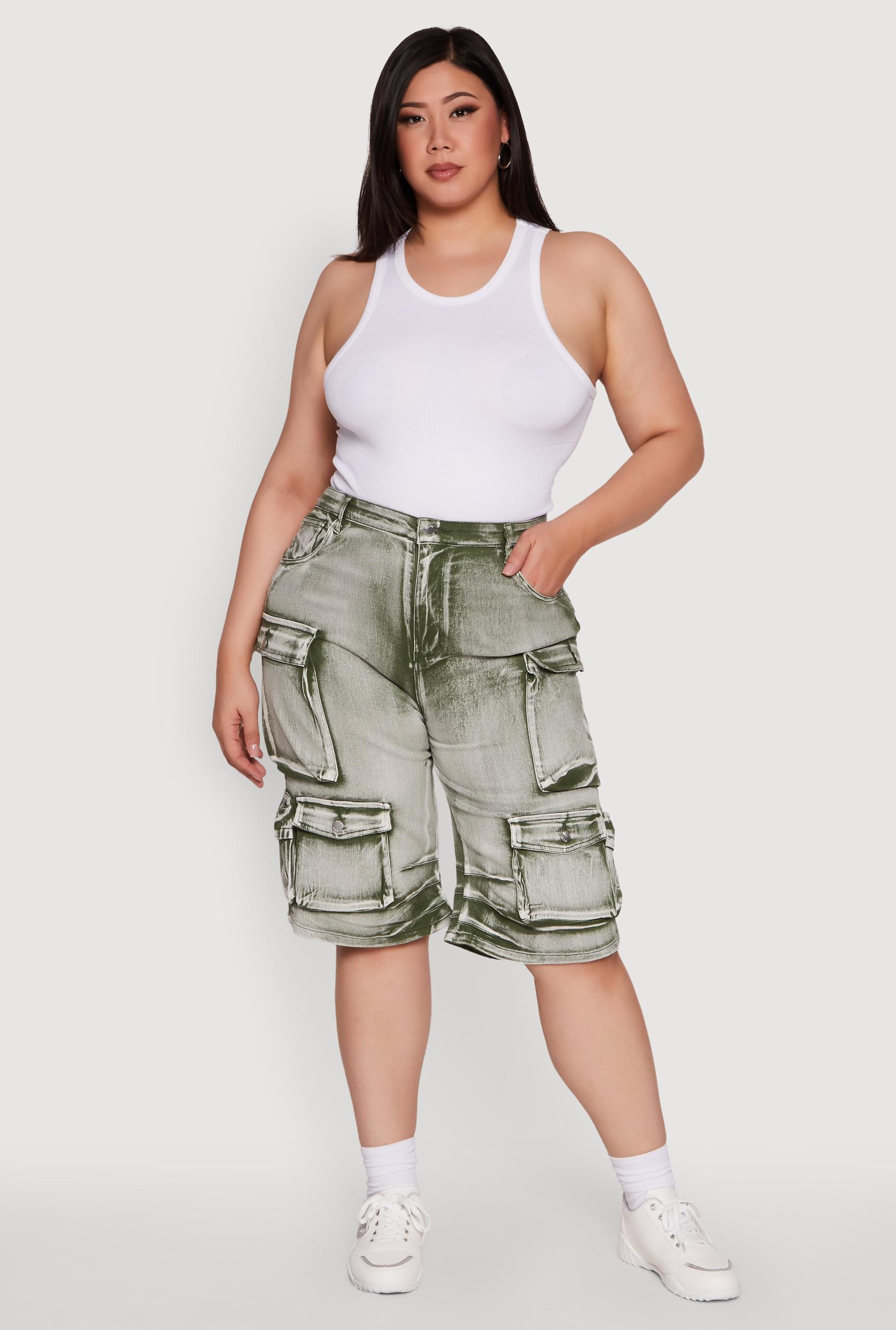 Womens Plus Size Daisy High Waisted Acid Wash Cargo Denim Shorts Product Image