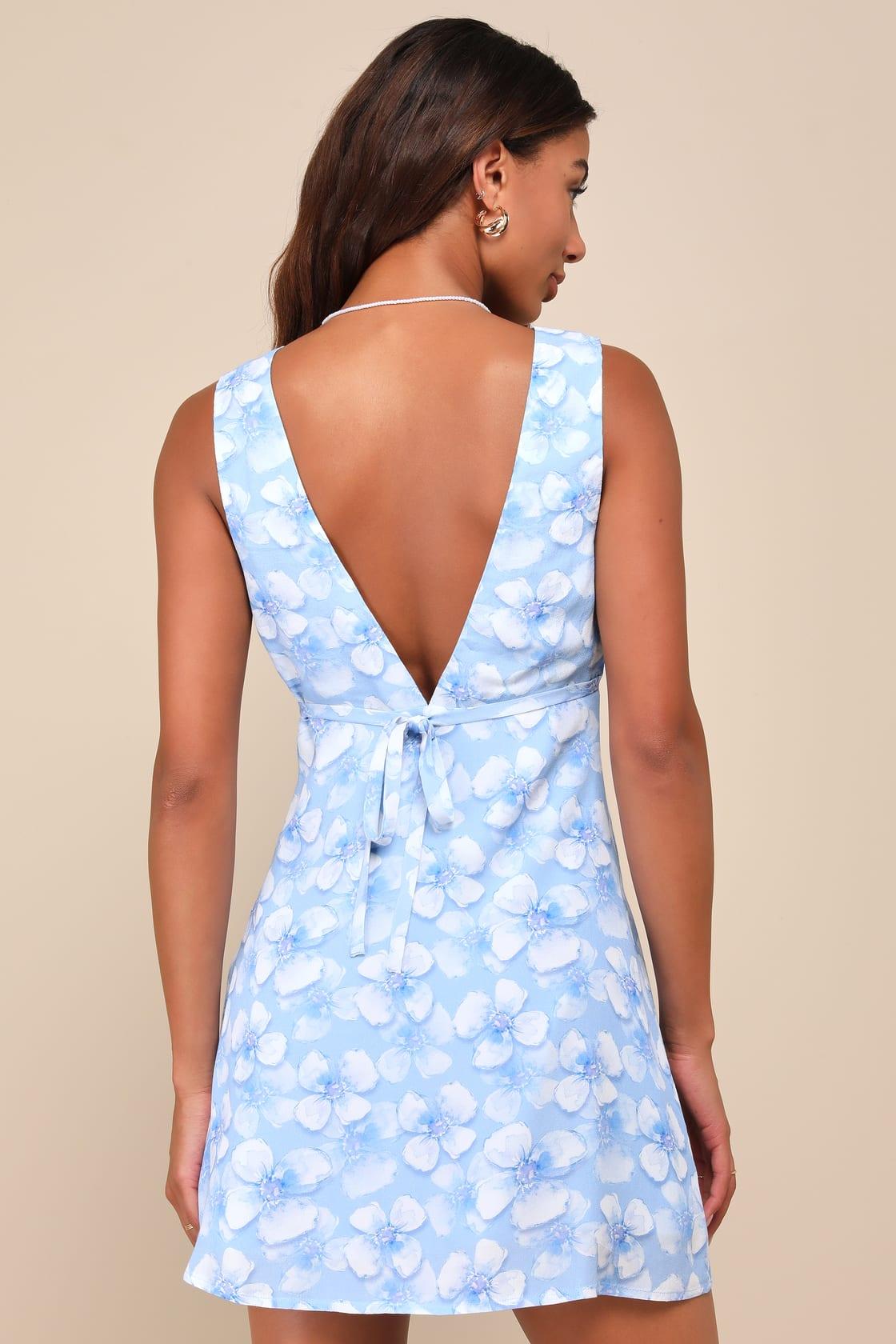 Ultimate Sweetie Blue Floral V-Neck Sleeveless A-Line Mini Dress Product Image