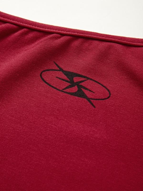 Y2K One Shoulder Letter Print Tie Up Long Sleeve Tee Product Image