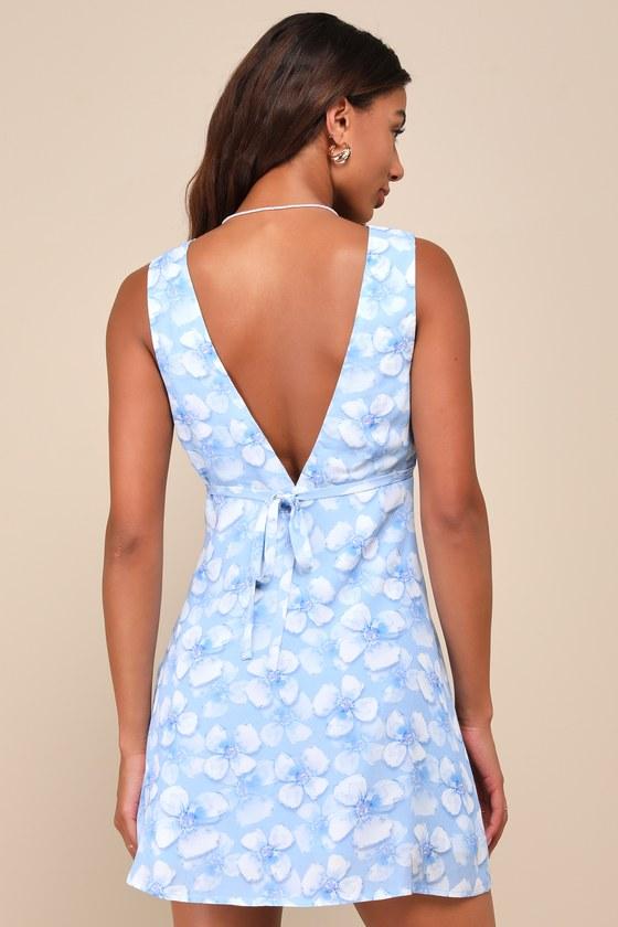 Ultimate Sweetie Blue Floral V-Neck Sleeveless A-Line Mini Dress Product Image