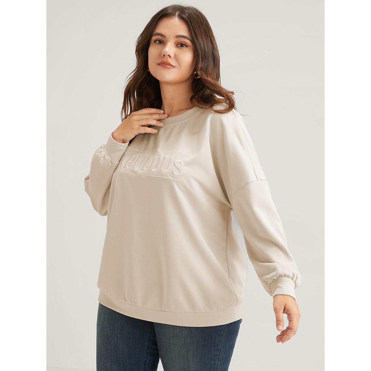 Plus Size Solid Letter Embroidered Drop Shoulder Sweatshirt Women Beige Casual Embroidered Loose Round Neck Dailywear Sweatshirts BloomChic 14-16/1X Product Image
