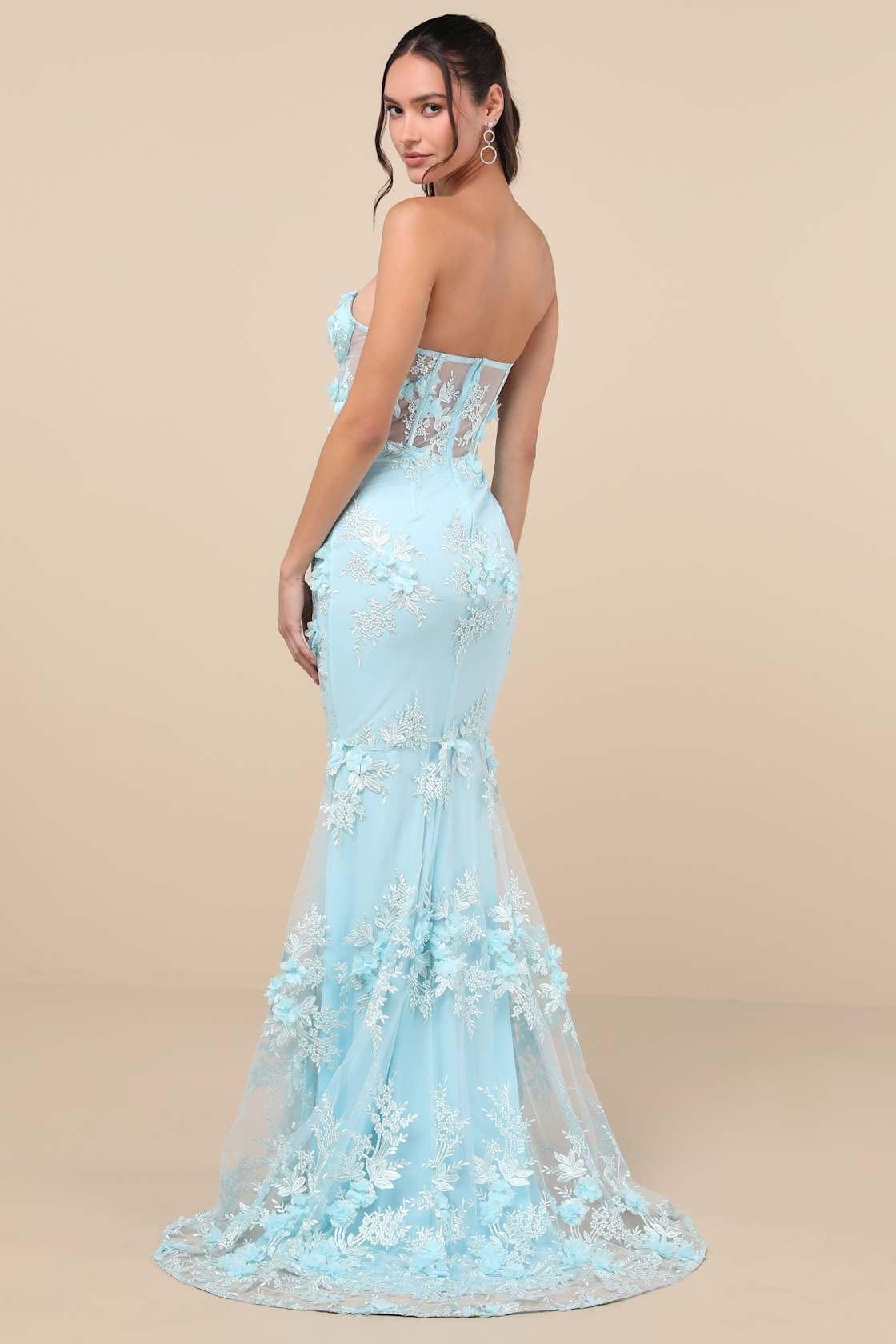 Radiant Expectations Blue Embroidered Floral Bustier Maxi Dress Product Image