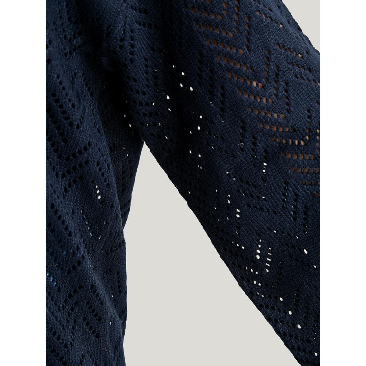 Plus Size Geometric Pointelle Knit V Neck Eyelet Knit Top Indigo Women Casual Loose Long Sleeve V-neck Dailywear Pullovers BloomChic 28/5X Product Image