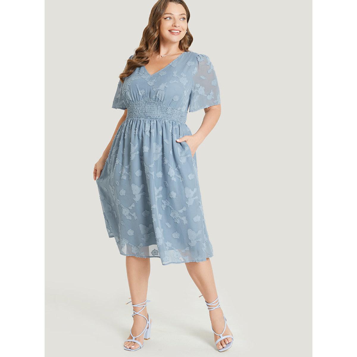 Plus Size Solid Textured Ruffle Pocket Shirred Waist Dress Stone Women Elegant Lined V-neck Short sleeve Curvy Midi Dress BloomChic 28/5X Product Image