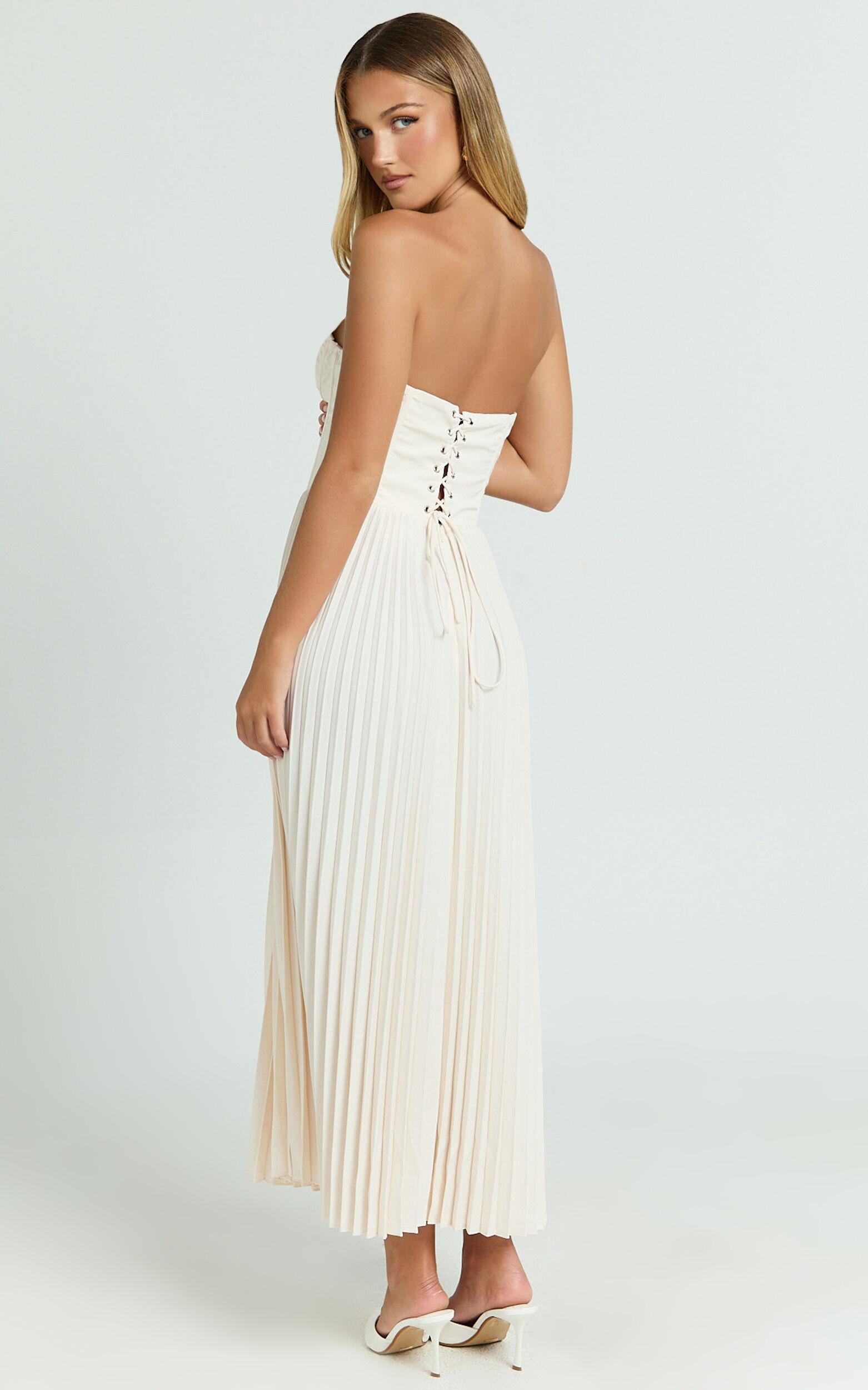 Loretta Midi Dress - Lace Up Back Bustier Pleated Dress in Cream Product Image