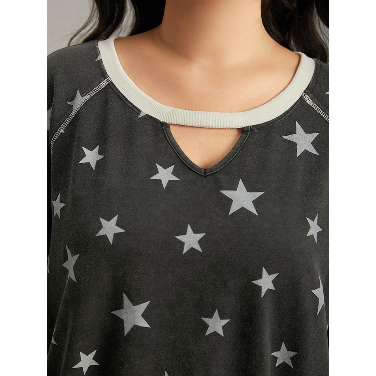 Plus Size Star Print Keyhole Rib Knit Hem Sweatshirt Women Black Casual Elastic cuffs Keyhole Cut-Out Dailywear Sweatshirts BloomChic 22-24/3X Product Image