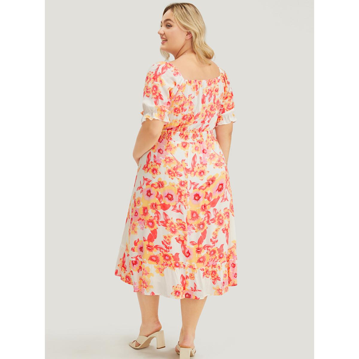 Plus Size Floral Puff Sleeve Pocket Square Neck Shirred Dress Pink Women Elegant Pocket Square Neck Short sleeve Curvy Midi Dress BloomChic 22-24/3X Product Image