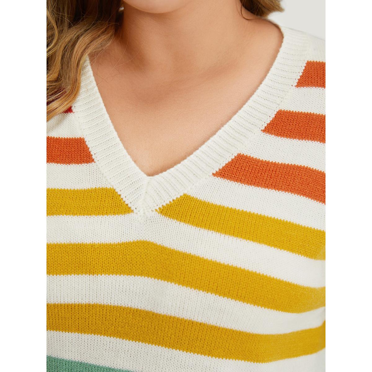 Plus Size Rainbow Print V Neck Elastic Cuffs Pullover Multicolor Women Casual Loose Long Sleeve V-neck Dailywear Pullovers BloomChic 12/L Product Image