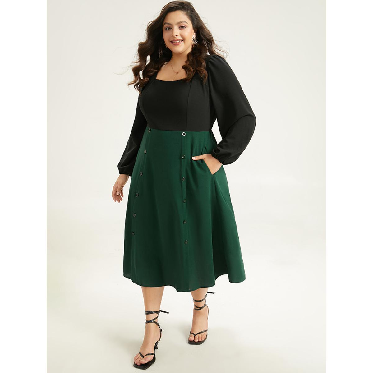 Plus Size Colorblock Patchwork Button Detail Dress DarkGreen Women Elegant Elastic cuffs Square Neck Long Sleeve Curvy Midi Dress BloomChic 22-24/3X Product Image