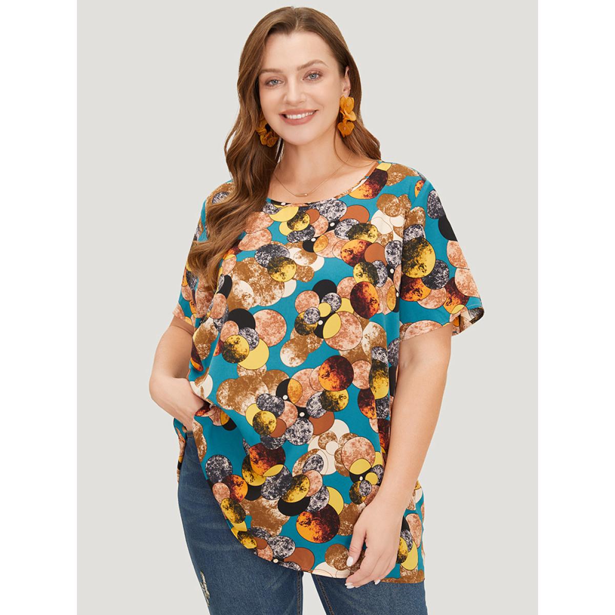 Plus Size Cyan Allover Print Round Neck Contrast Blouse Women Elegant Short sleeve Round Neck Dailywear Blouses BloomChic 22-24/3X Product Image