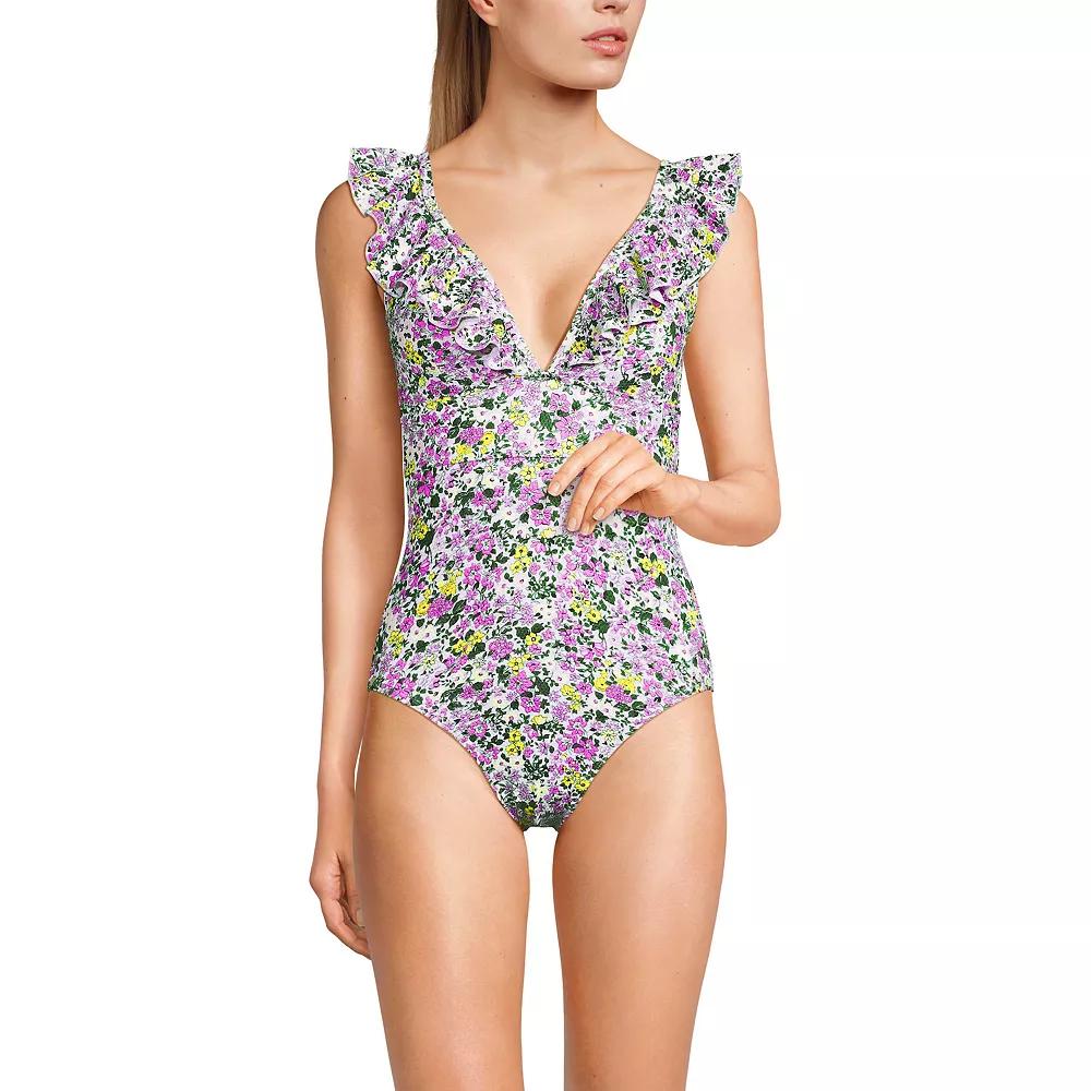 Women's Lands' End Pique Ruffle One-Piece Swimsuit, Size: 8, White Ditsy Floral Product Image