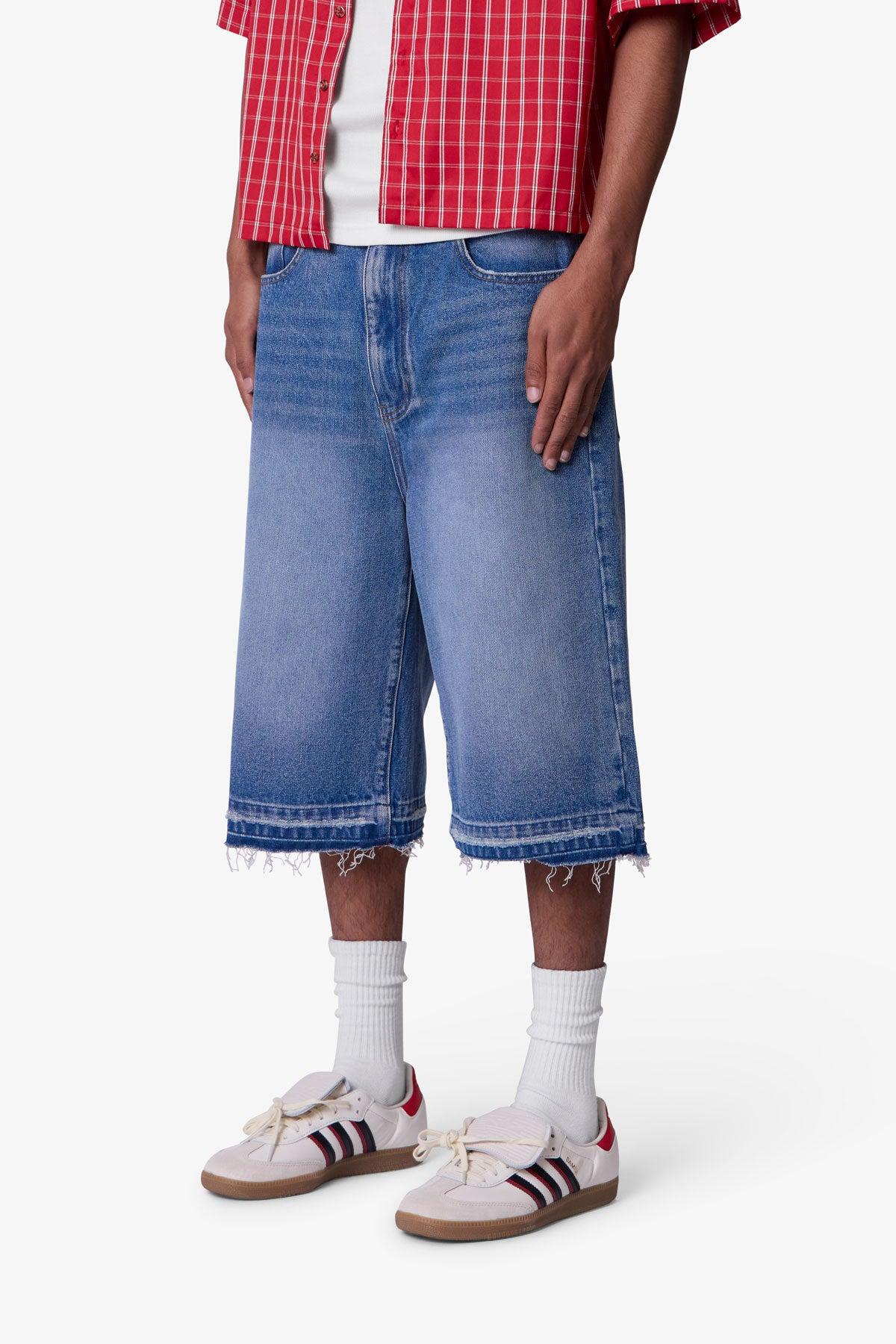 Ultra Baggy Raw Hem Denim Shorts - Washed Blue Product Image