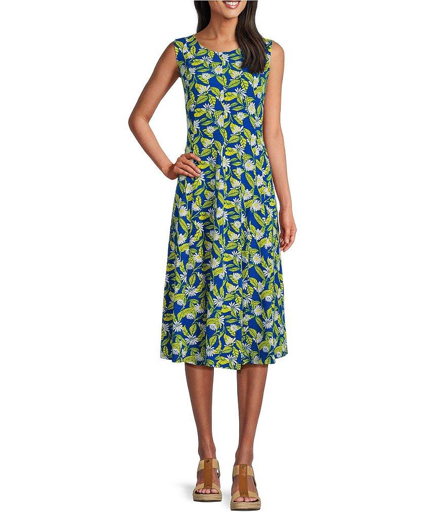 Multiples Floral Print Slub Knit Scoop Neck Sleeveless Fit & Flare Midi Dress Product Image