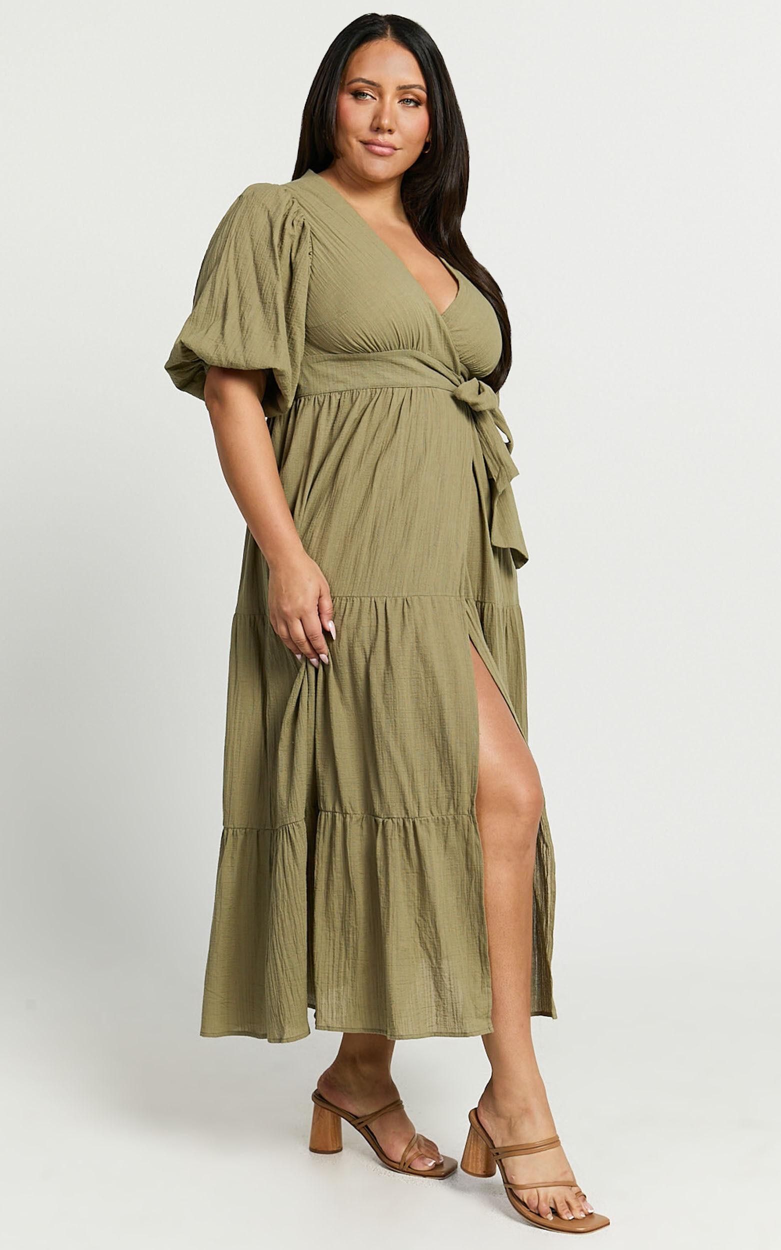 Penelope Wrap Front Puff Sleeve Midi Dress in Olive Product Image