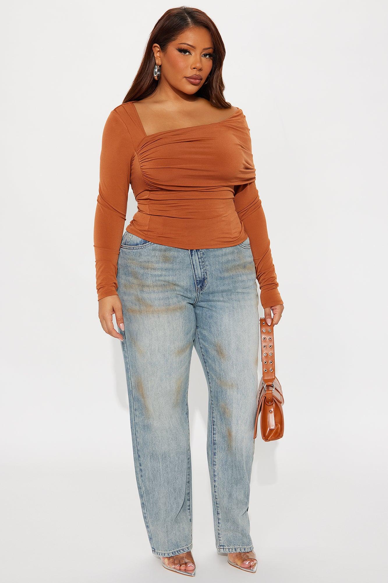 Modern Art Long Sleeve Ruched Top - Camel Female Product Image