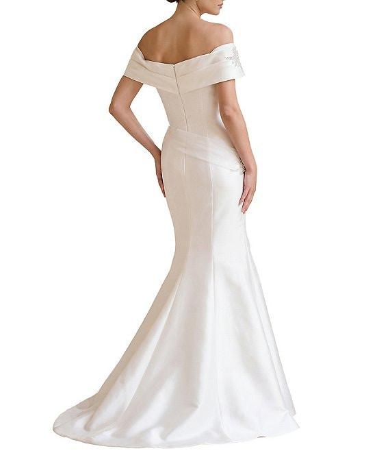 Terani Couture Pleated Off-the-Shoulder Short Sleeve Mermaid Gown Product Image