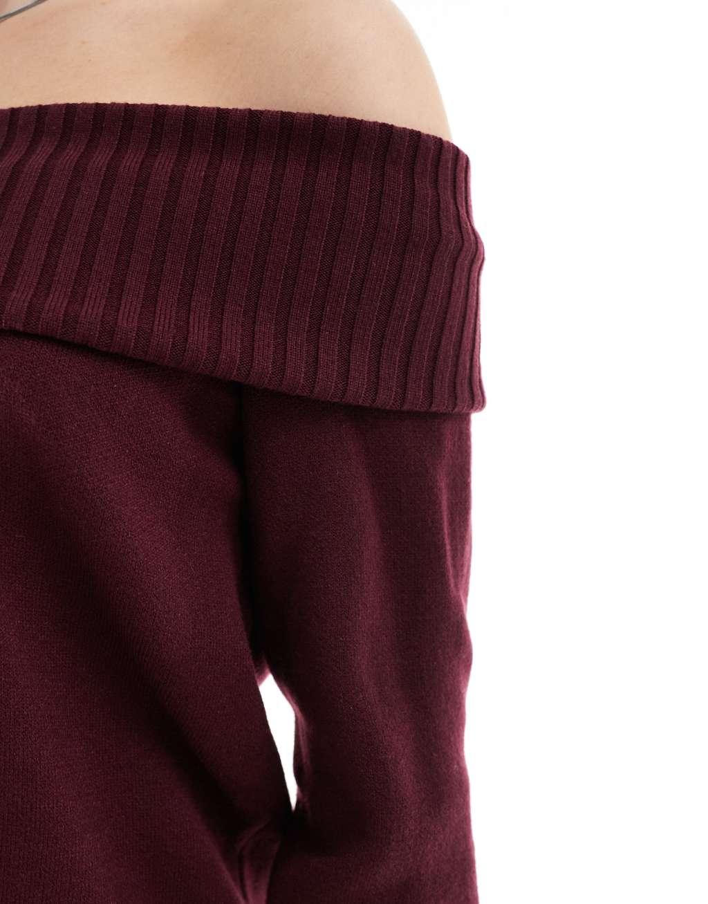 Stradivarius off-the-shoulder knit top in burgundy Product Image