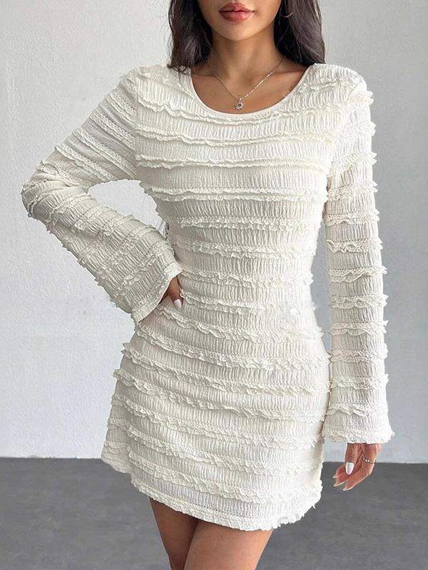 Bodycon Long Sleeves Backless Lace-Up Pleated Solid Color Split-Joint Round-Neck Mini Dresses Product Image