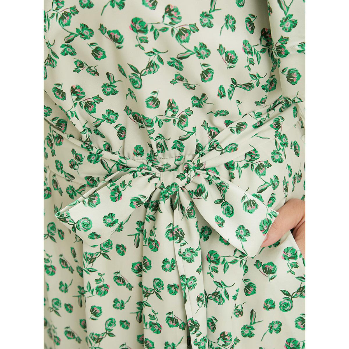 Plus Size Ditsy Floral Flutter Sleeve Pocket Split Hem Belt Dress YellowGreen Women Elegant Pocket V-neck Short sleeve Curvy Midi Dress BloomChic 30/6X Product Image