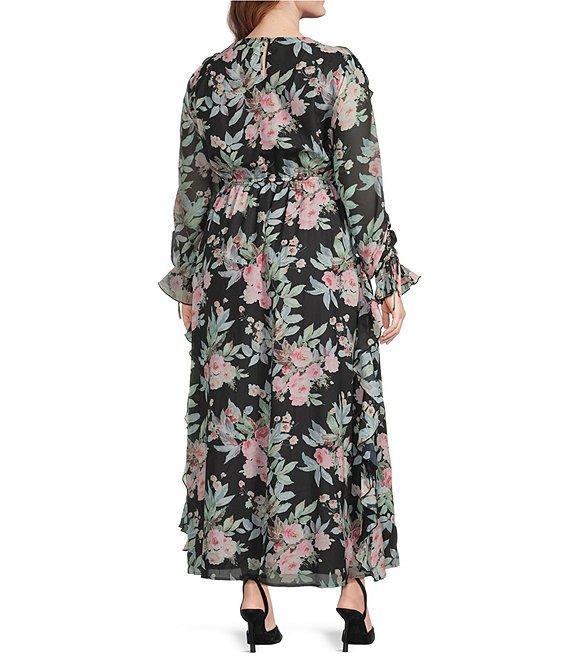 Layered With Love Plus Size Luna Floral Printed Crew Neck Long Sleeve Ruffle Chiffon Maxi Dress Product Image