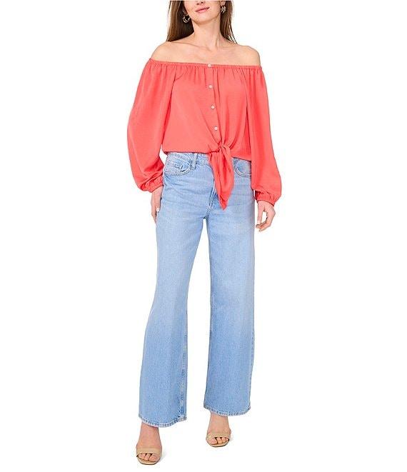 Vince Camuto Off-The-Shoulder Long Sleeve Button Tie Front Blouse Product Image