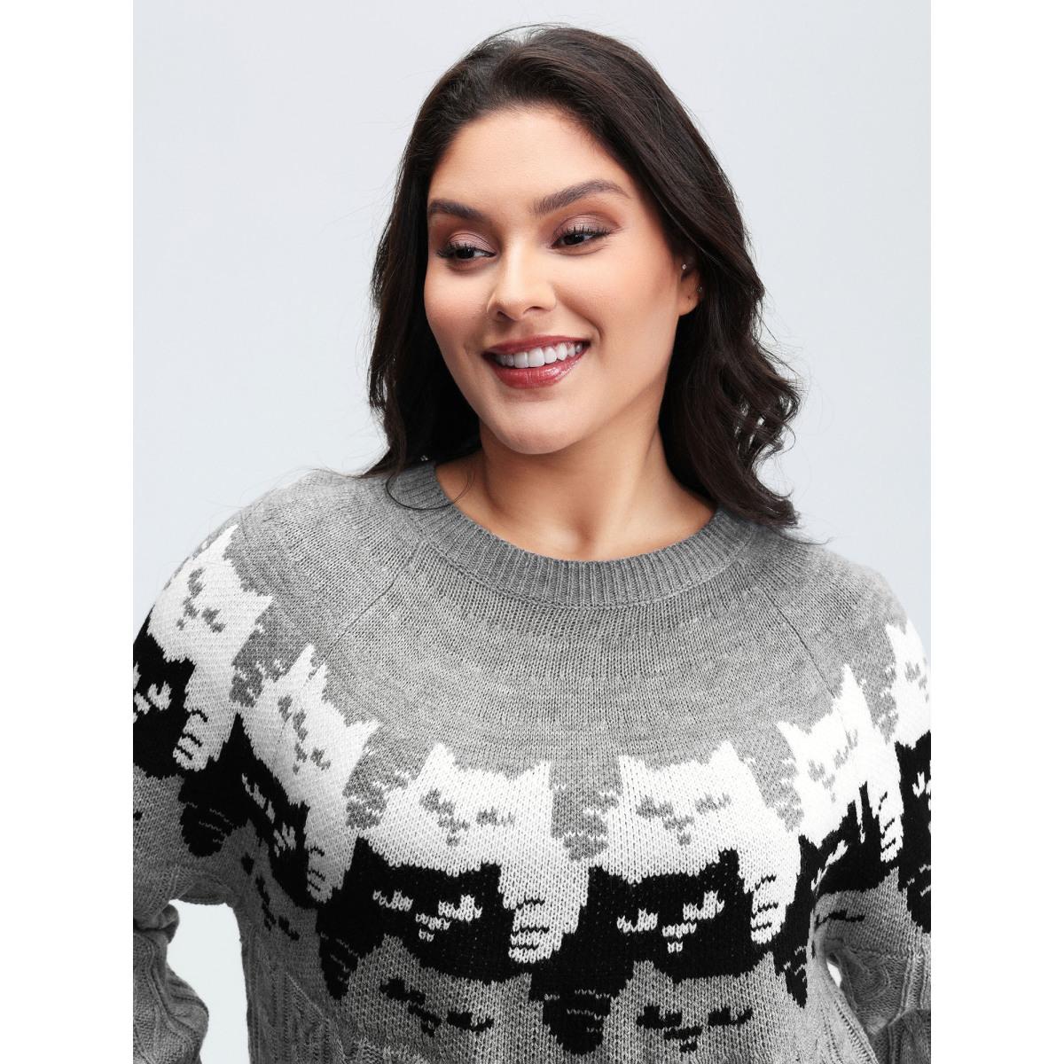 Plus Size Color Block Cat Pattern Arc Hem Pullover DarkGray Women Leisure Loose Long Sleeve Round Neck Casual Pullovers BloomChic 18-20/2X Product Image