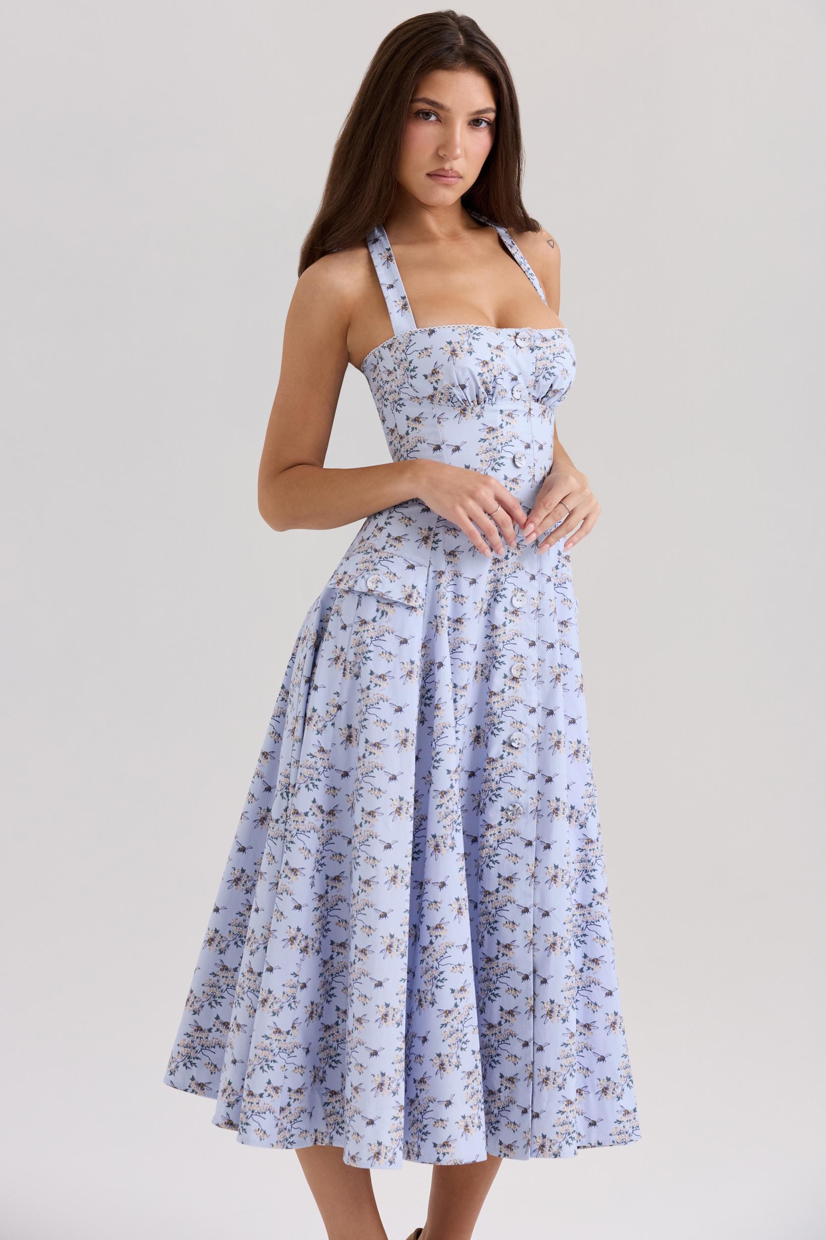 Claudia  blue floral print stretch cotton halter neck midi dress Product Image