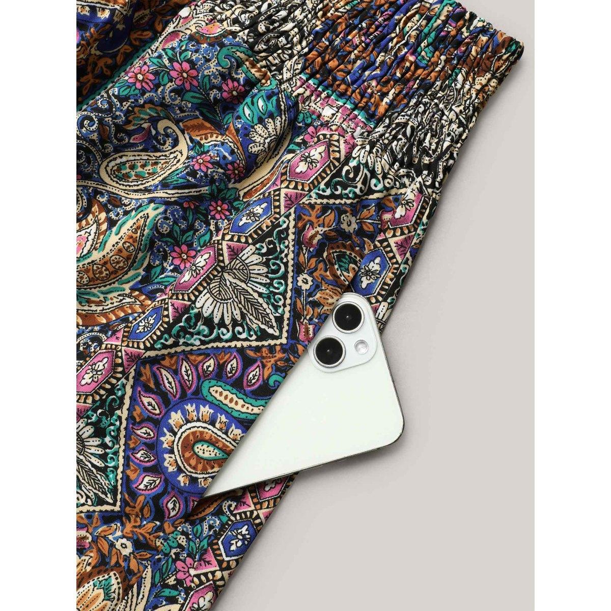 Plus Size Boho Print Shirred Waist Midi Skirt Women Multicolor Boho Tie knot Loose No stretch Side seam pocket Vacation Skirts BloomChic 18-20/2X Product Image