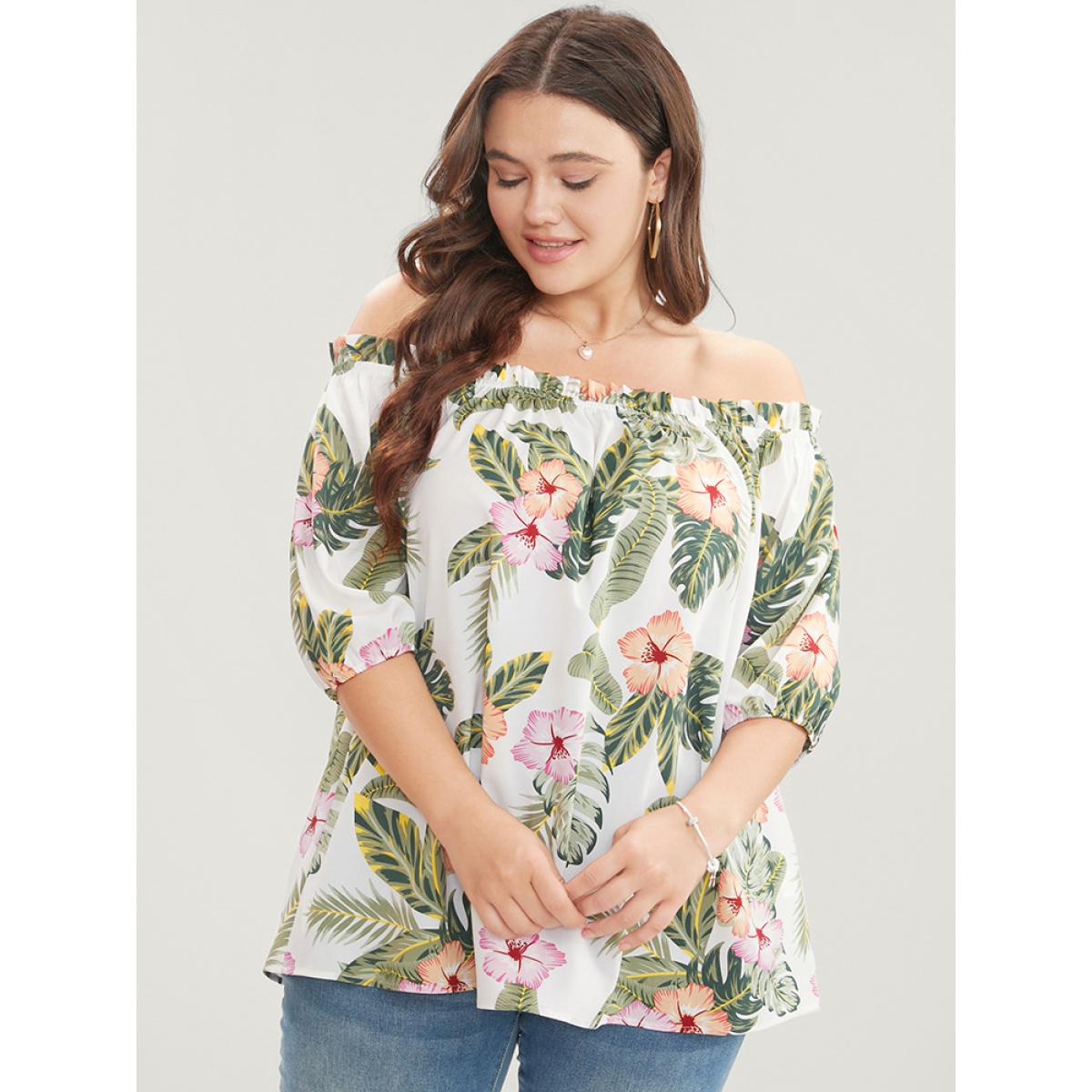 Plus Size White Tropical Print Off Shoulder Lantern Sleeve Blouse Women Vacation Short sleeve One-shoulder neck Dailywear Blouses BloomChic 28/5X Product Image