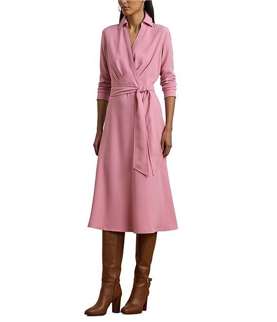 Lauren Ralph Lauren Point Collar Long Sleeve Faux Wrap Midi Dress Product Image