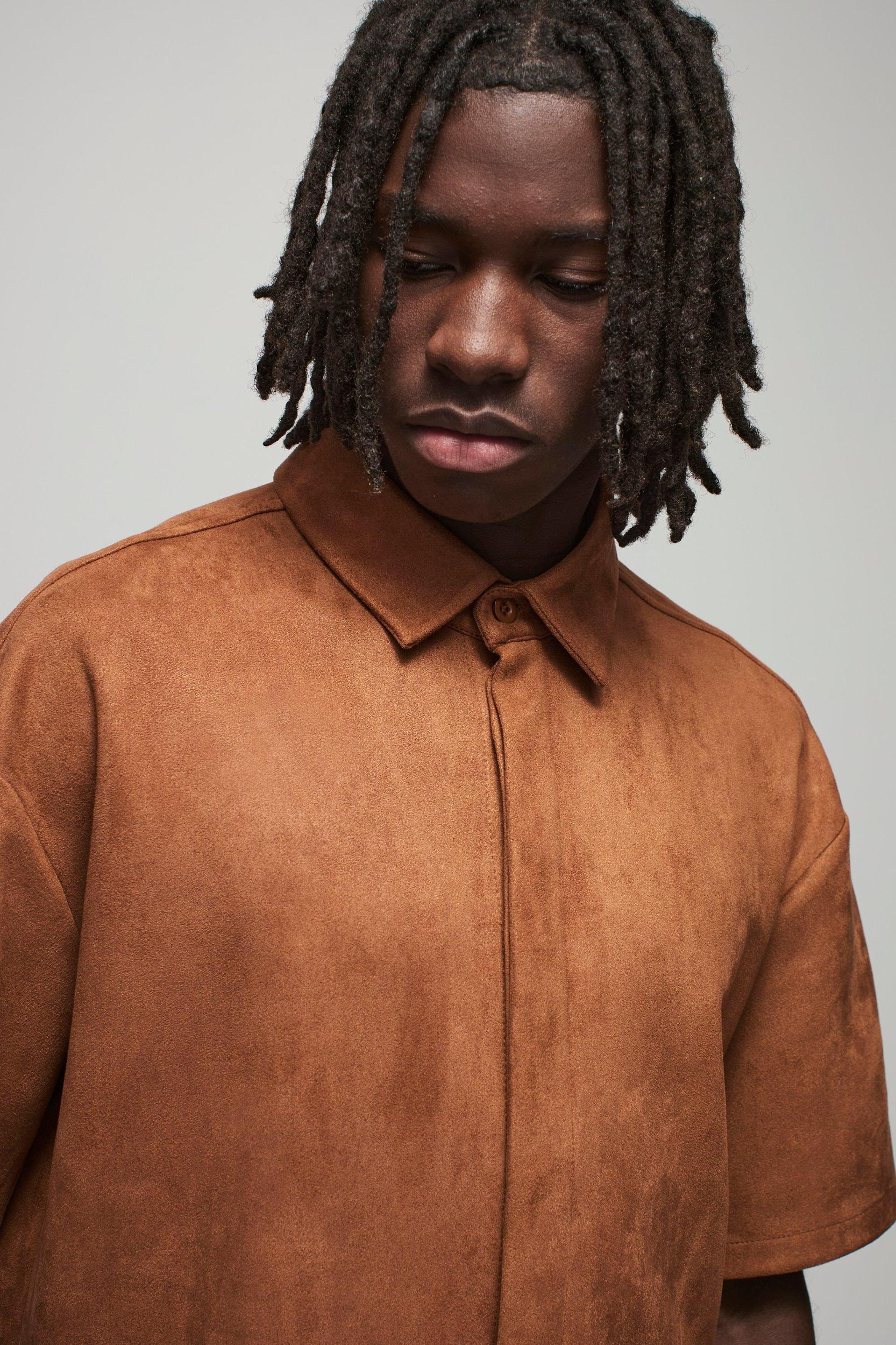 Oversized Faux Suede Collared Shirt | boohooMAN USA Product Image