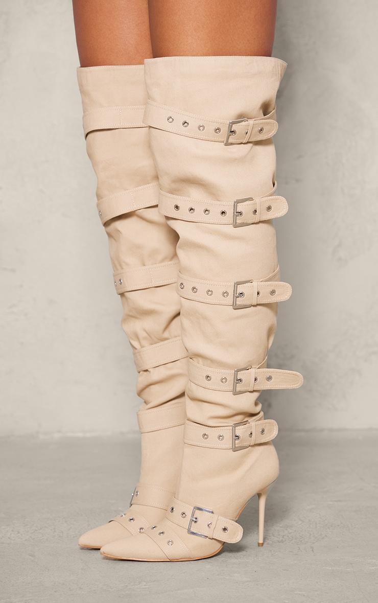 Stone Denim Point Toe Buckled Over The Knee Heeled Boots Product Image