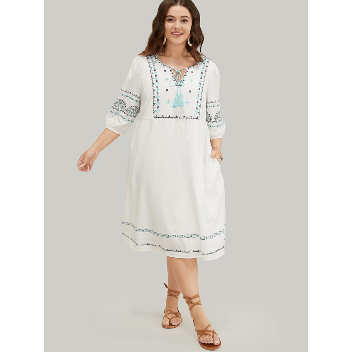Plus Size Bandana Print Tassels Lantern Sleeve Pocket Midi Dress White Women Vacation Tassels Tie Neck Elbow-length sleeve Curvy Midi Dress BloomChic 28/5X Product Image