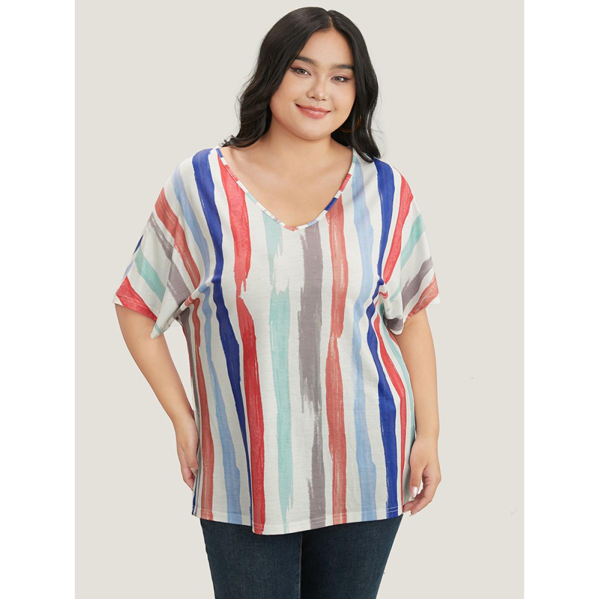 Plus Size Striped Contrast Dolman Sleeve V Neck T-shirt White Women Casual Striped V-neck Everyday T-shirts BloomChic 10/M Product Image
