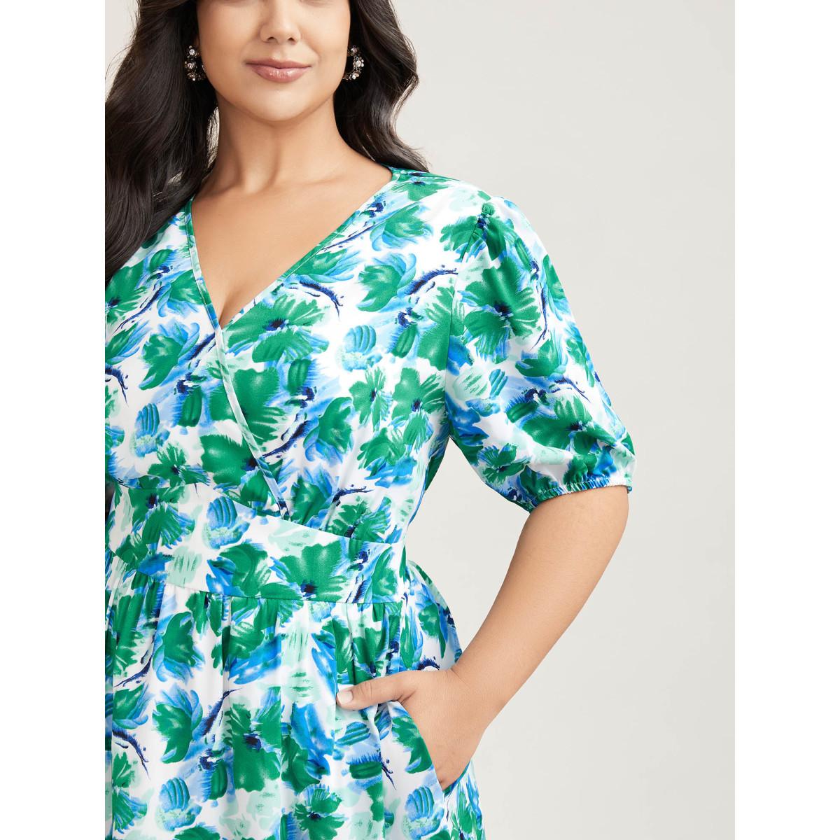 Plus Size Brush Stroke Floral Surplice Neck Midi Dress Mediumblue Women Elegant Gathered Overlap Collar Short sleeve Curvy BloomChic 18-20/2X Product Image