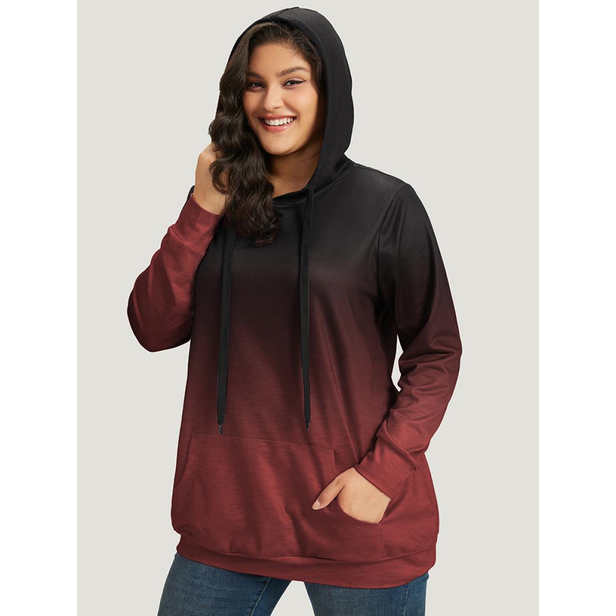 Plus Size Ombre Pocket Drawstring Hooded Sweatshirt Women Red Casual Elastic cuffs Hooded Everyday Sweatshirts BloomChic 22-24/3X Product Image
