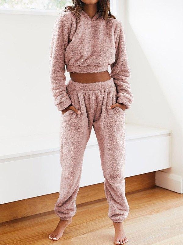 Solid Plush Hooded & Pocket Pants Set Product Image