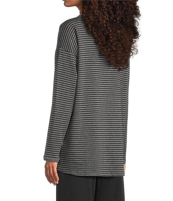Eileen Fisher Cozy Striped Brushed Terry Organic Cotton Blend Knit Round Neck Long Sleeve Box Top Product Image