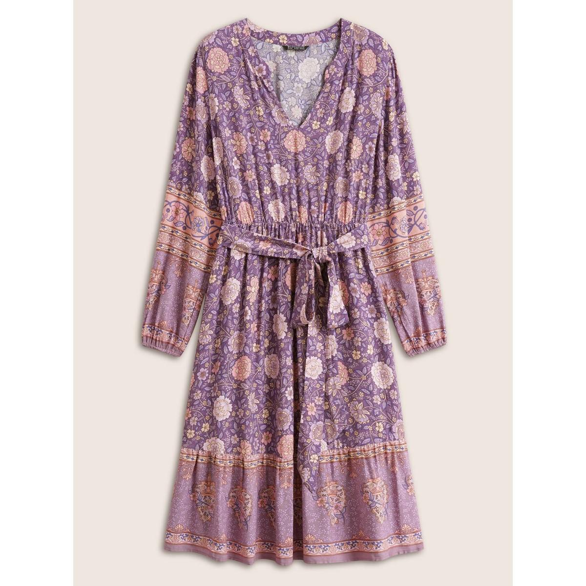Plus Size Boho Print Belted Notched Lantern Sleeve Dress Mauve Women Resort Non Notched collar Long Sleeve Curvy Midi Dress BloomChic 22-24/3X Product Image