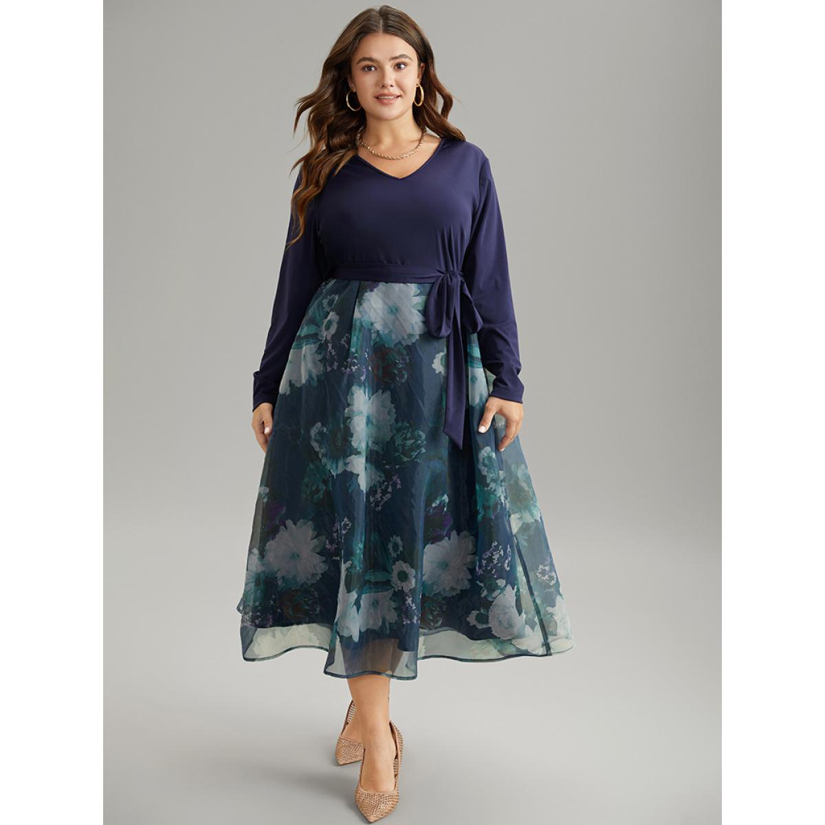 Plus Size Floral Print Belted Patchwork Mesh Dress DarkBlue Women Elegant Belted V-neck Long Sleeve Curvy Midi Dress BloomChic 10/M Product Image