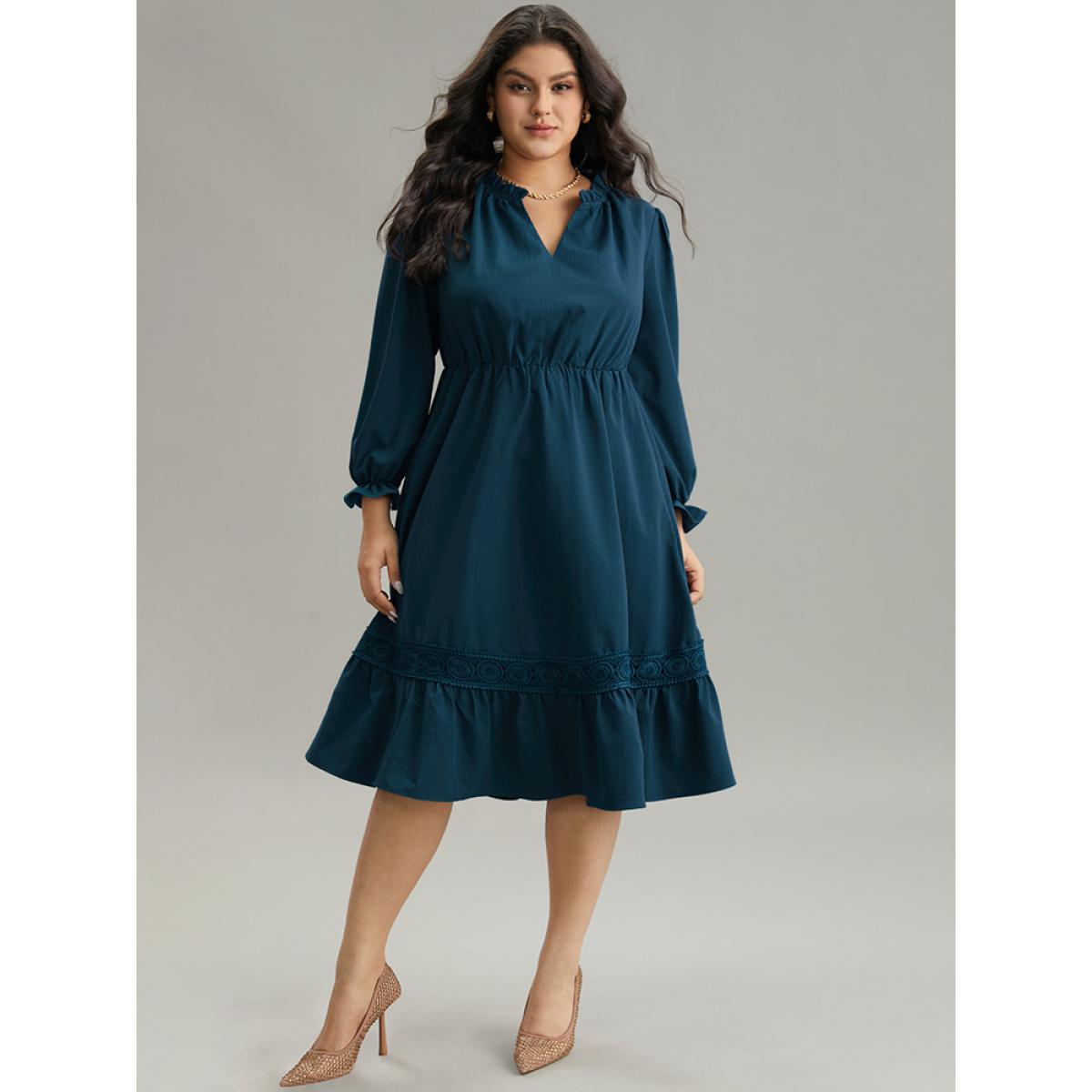 Plus Size Solid Frill Trim Guipure Lace Flutter Sleeve Dress Black Women At the Office Plain Notched collar Long Sleeve Curvy Midi Dress BloomChic 10/M Product Image