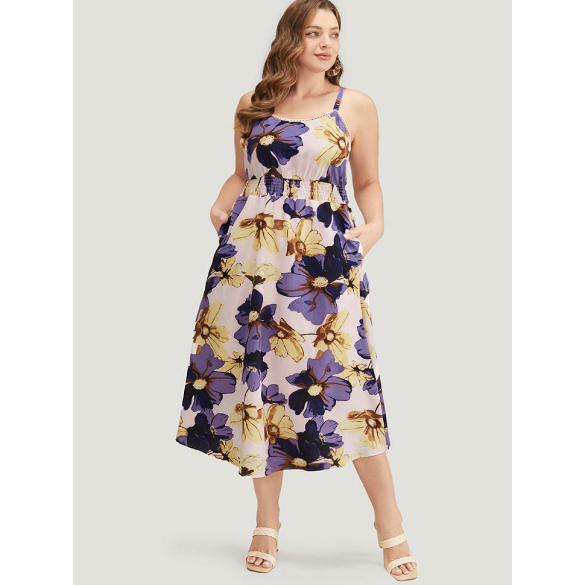 Plus Size Floral Ruffle Hem Pocket Shirred Cami Dress Mauve Women Elegant Adjustable Straps Spaghetti Strap Sleeveless Curvy Midi Dress BloomChic 14-16/1X Product Image