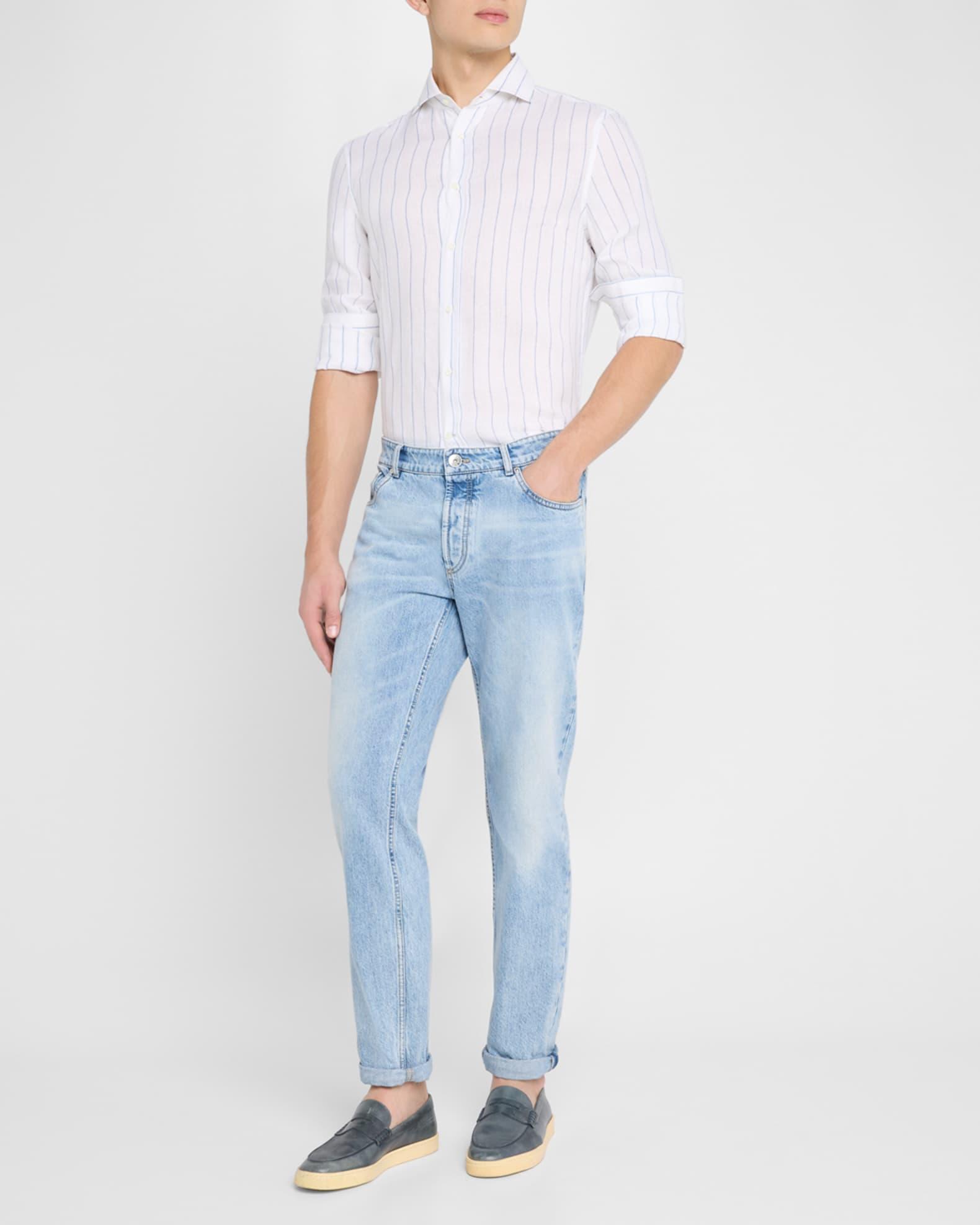 Men's Linen Stripe Casual Button-Down Shirt Product Image