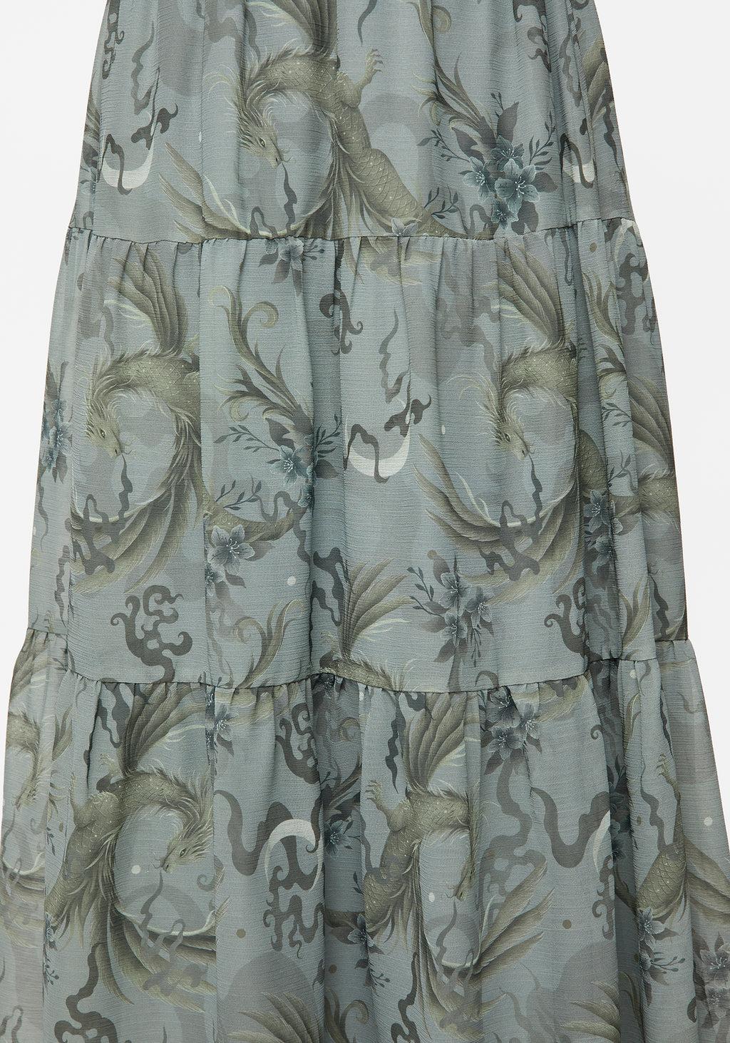 Sapphira Dragon Print Chiffon Tiered Maxi Skirt Product Image