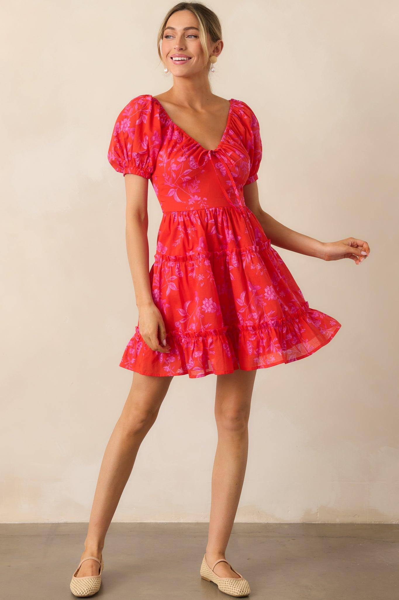 As It Should Be Red Floral Cotton Mini Dress Product Image