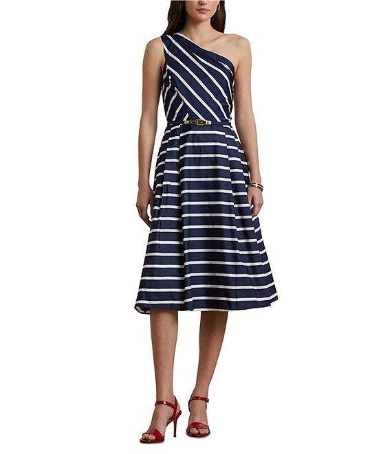 Lauren Ralph Lauren Taffeta Stripe Print One Shoulder Neck Sleeveless Belted Midi Dress Product Image