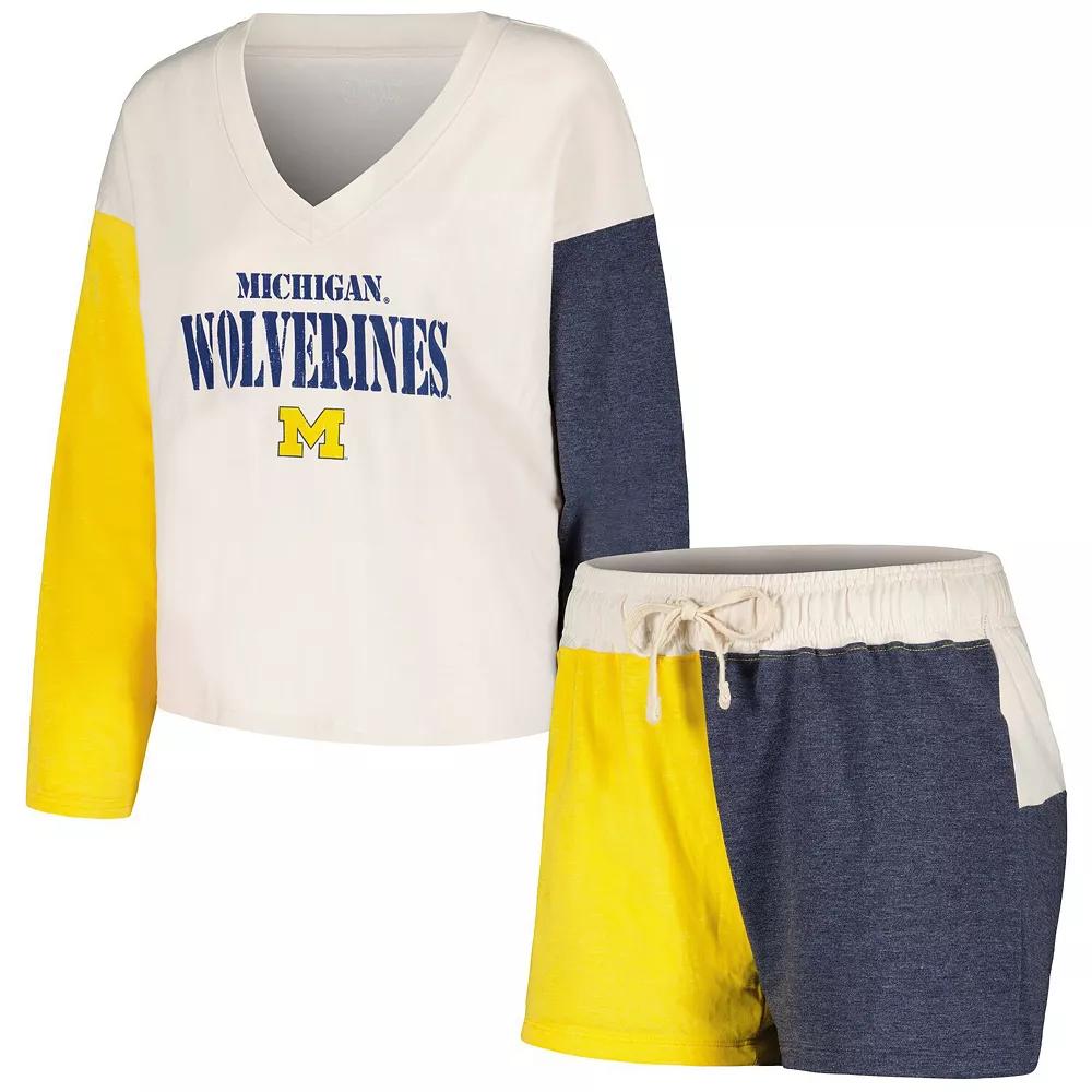 Women's Wes & Willy Cream Michigan Wolverines Colorblock Tri-Blend Long Sleeve V-Neck T-Shirt & Shorts Sleep Set, Size: Large, Beige Product Image