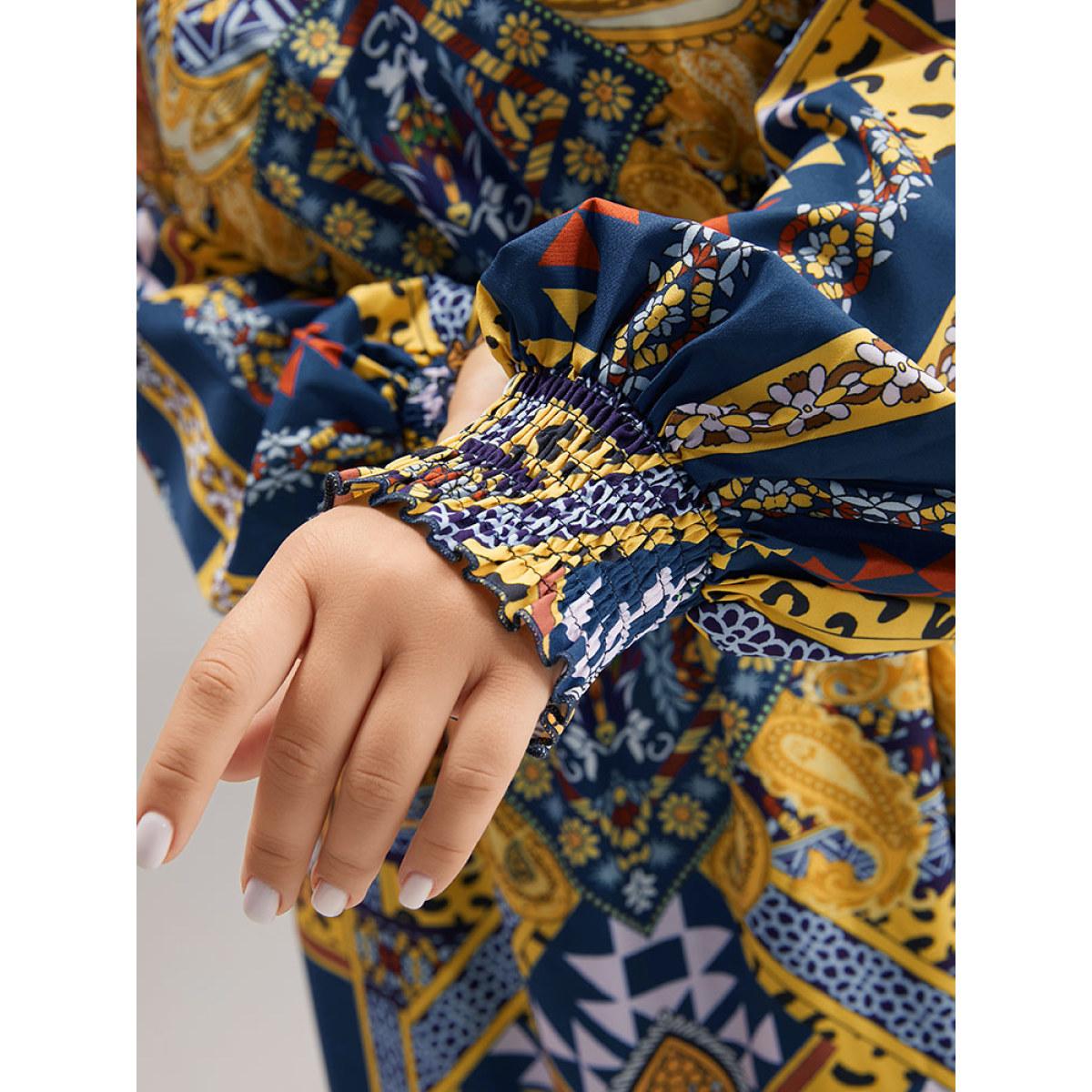 Plus Size Boho Print Shirred Pocket Ruffle Hem Dress DarkBlue Women Vacation Printed V-neck Long Sleeve Curvy Midi Dress BloomChic 12/L Product Image