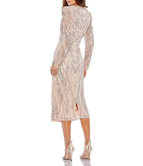 Mac Duggal Long Puffed Sleeve Surplice V-Neck Sequin Embellished Sheath Midi Dress Product Image